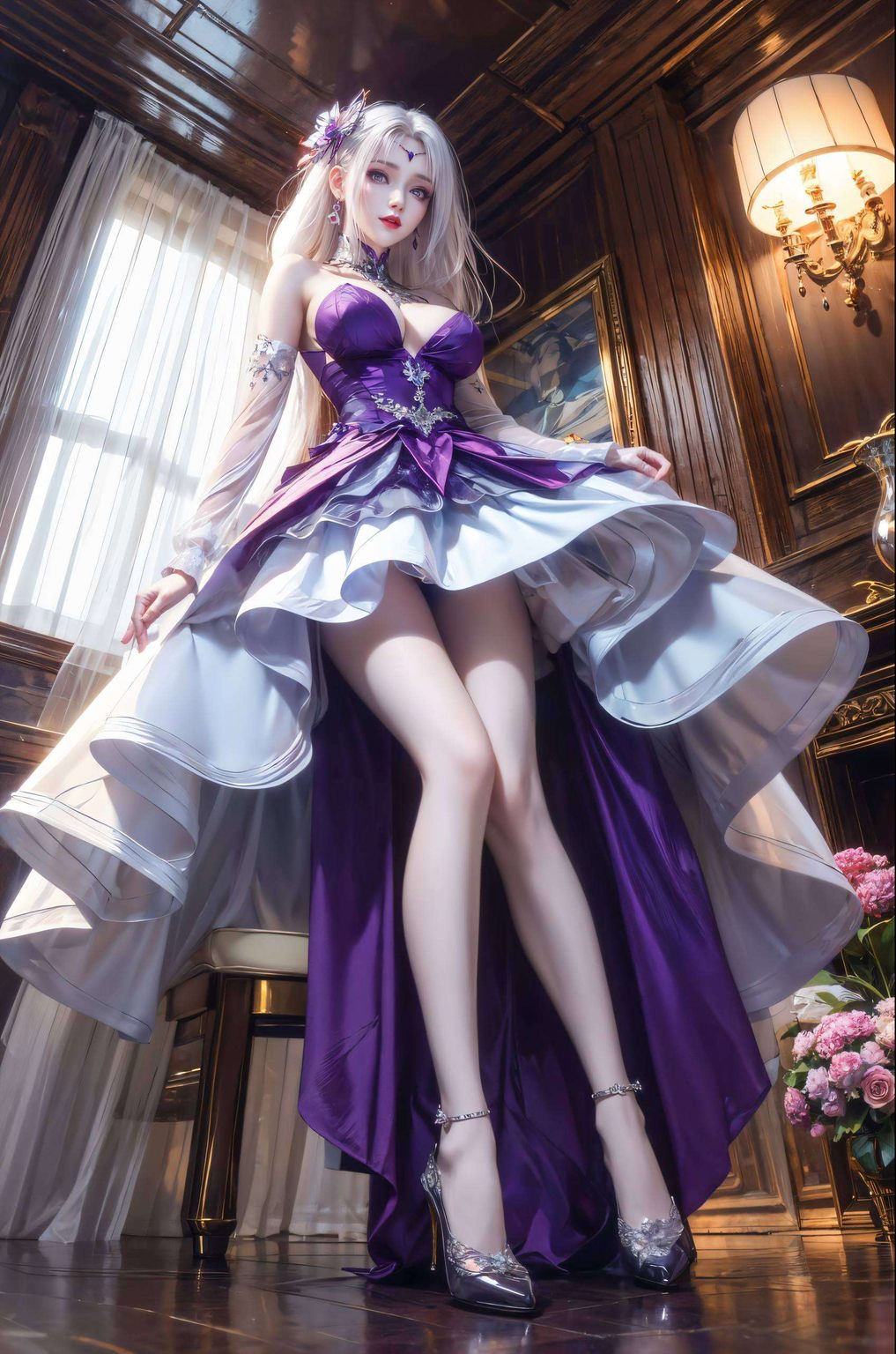 她的身影如同紫色壁纸上的花朵