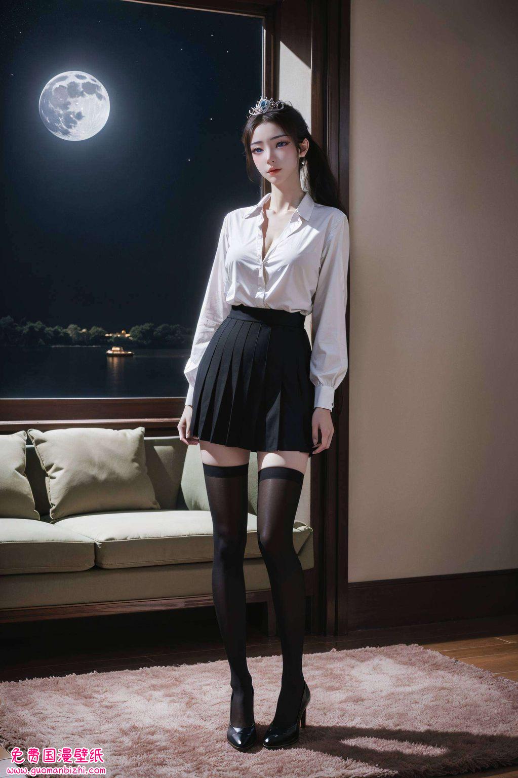 她的倩影在平板墙上流转在绚烂的数码画布上