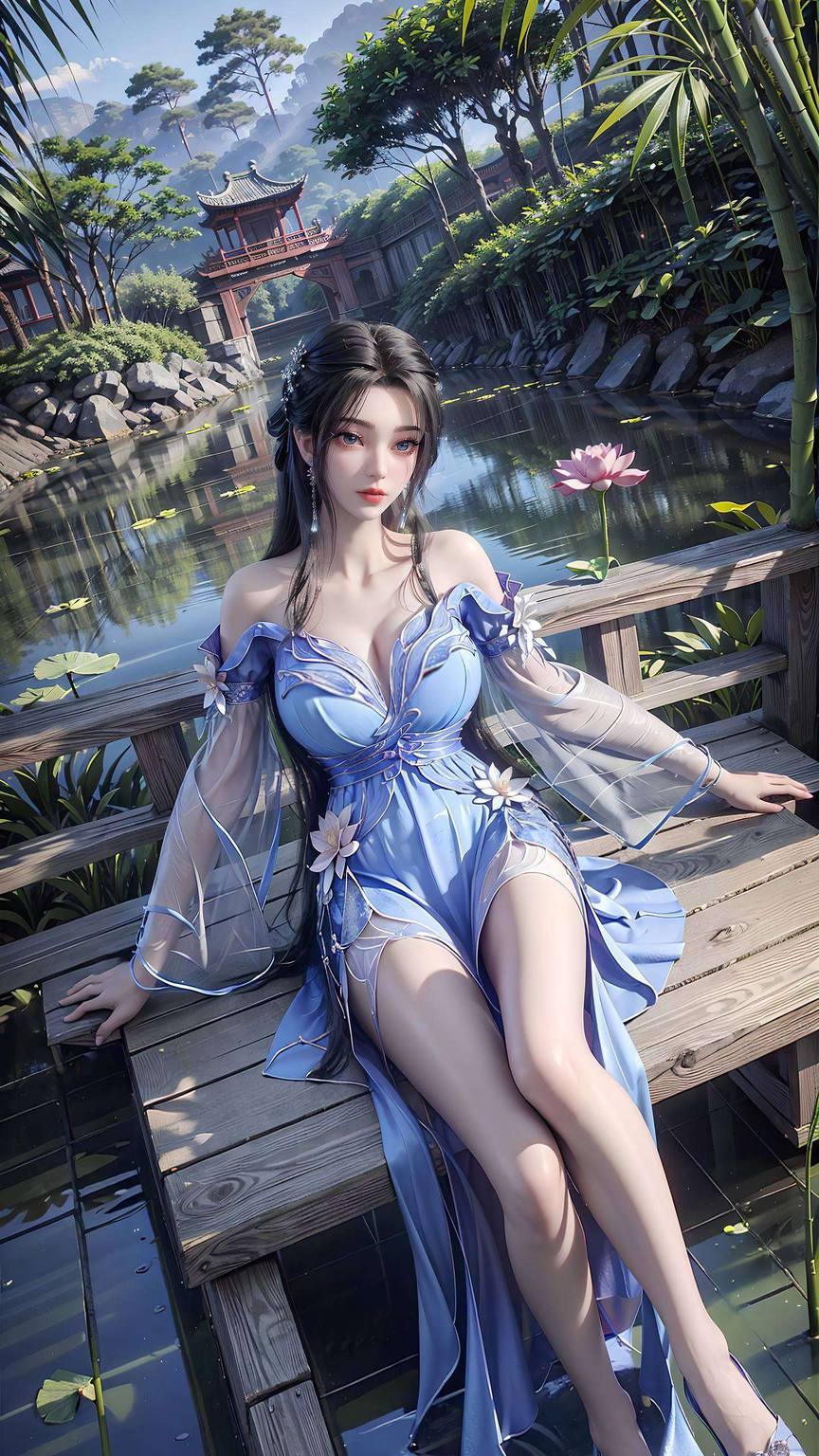 她的美丽淡雅的裙摆随风轻扬