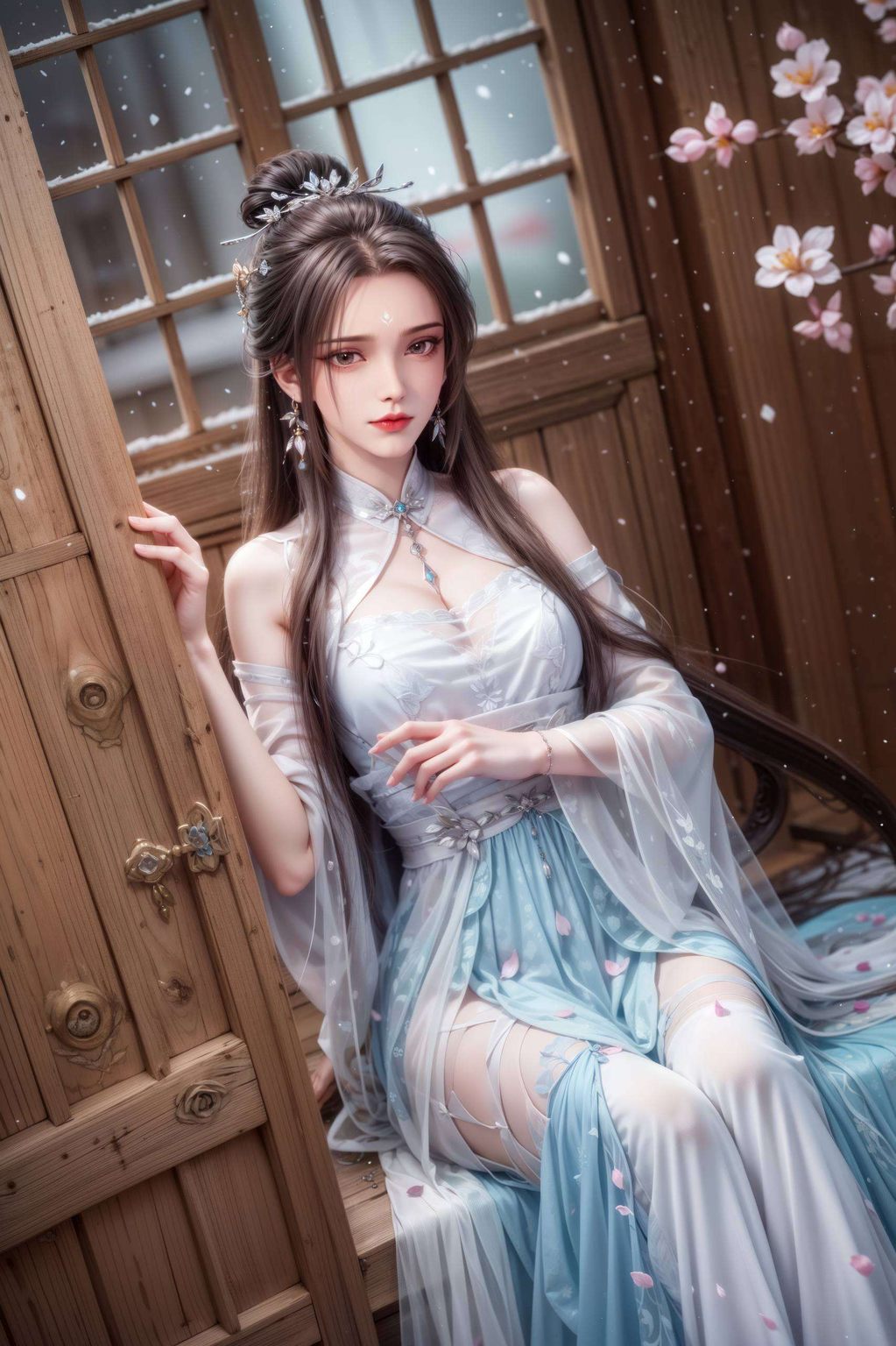 她的眼神深邃与那抹淡淡的紫