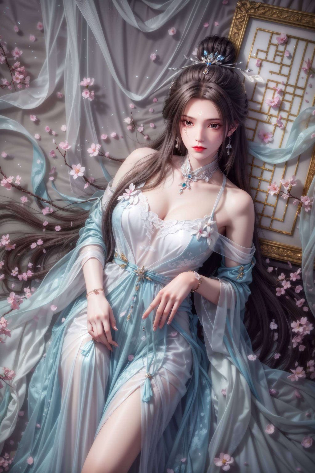 在绚烂的苹果炫彩壁纸中她的眼神深邃而神秘